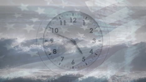 animation of clock ticking over flag of usa and clouds