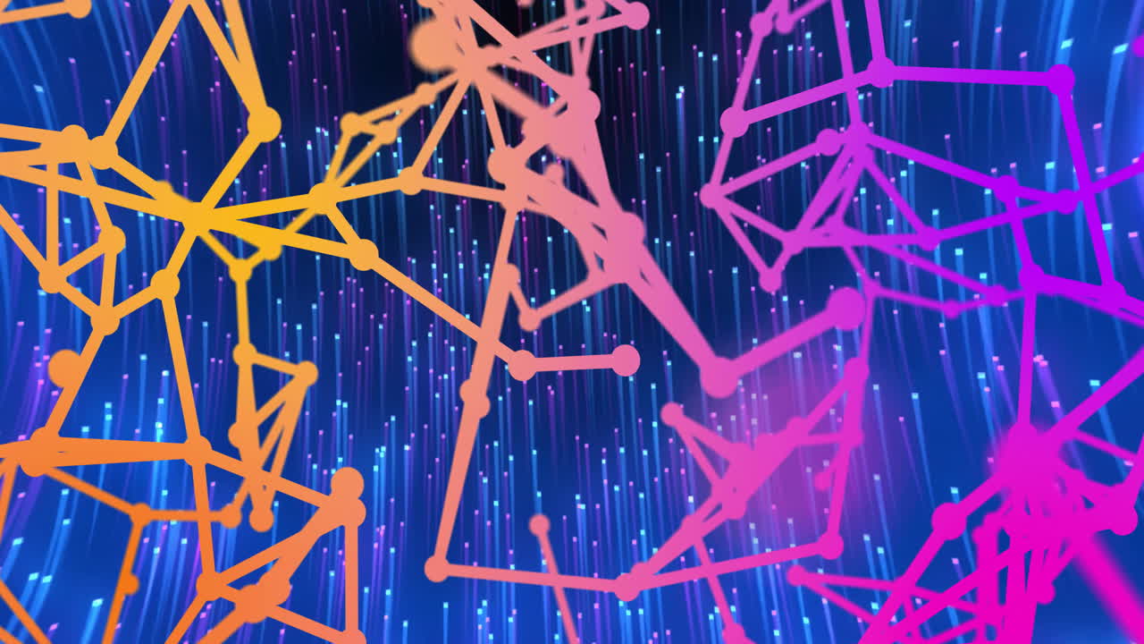 Colorful geometric shapes and lines animation over digital data streams