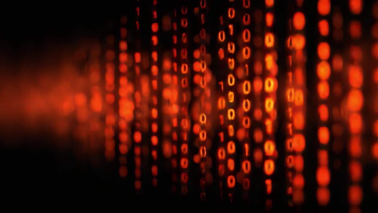 Red glowing binary numbers of zero and one falling down in a continuous stream of data against a dark background, representing a concept of technology, cybersecurity, and digital information