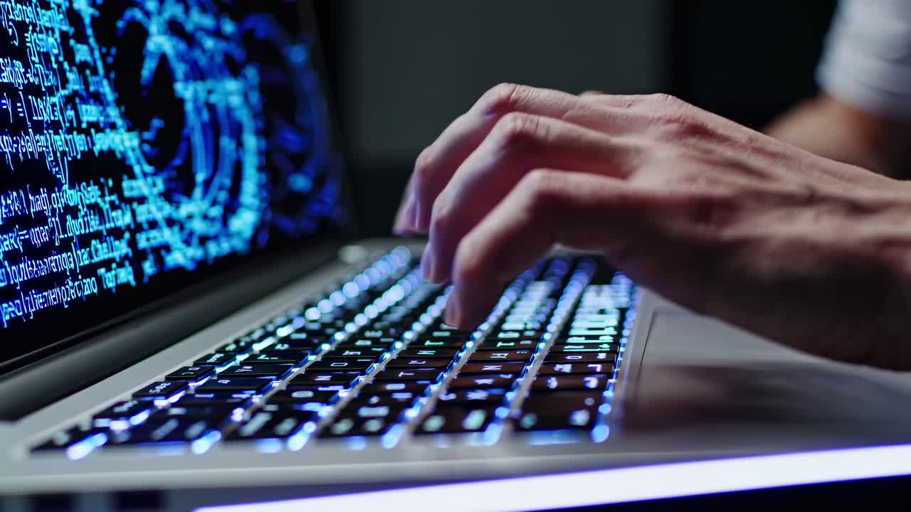 Close-up video of hands typing on a laptop with glowing code on screen, shot from a side angle