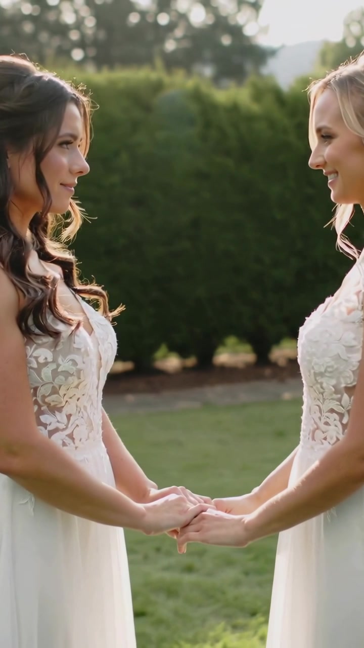 Vertical video: Holding hands, vows starting, two women in white lace gowns exchanging vows on lawn