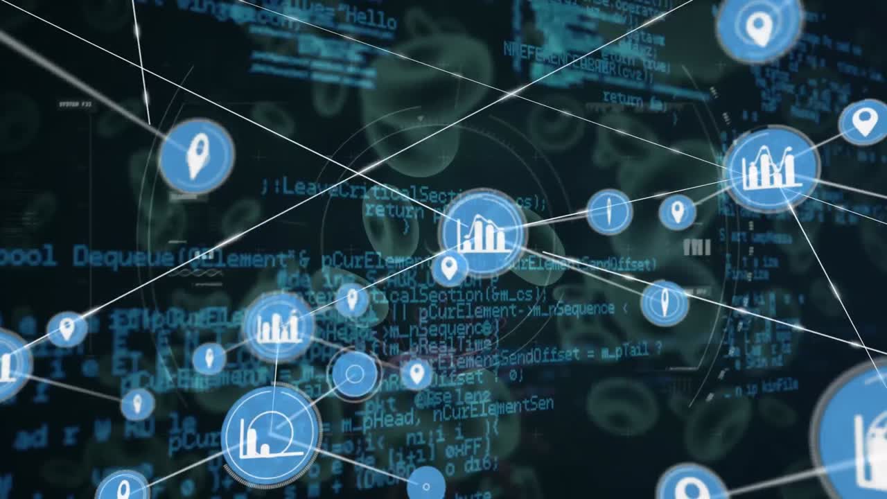red de iconos digitales y procesamiento de datos sobre células y vasos sanguíneos de covid-19 en fondo azul