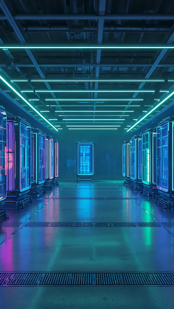 Vertical video: Neon bars pulsing, moving gleams along lab corridor to glowing cabinet for mood