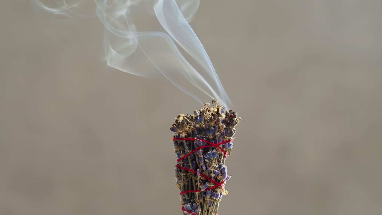 Person holding Palo Santo wood stick in hand, aromatic Palo Santo burning on black background, smoke spreading around, slow motion video clip, high quality 4k close up footage. High quality 4k footage