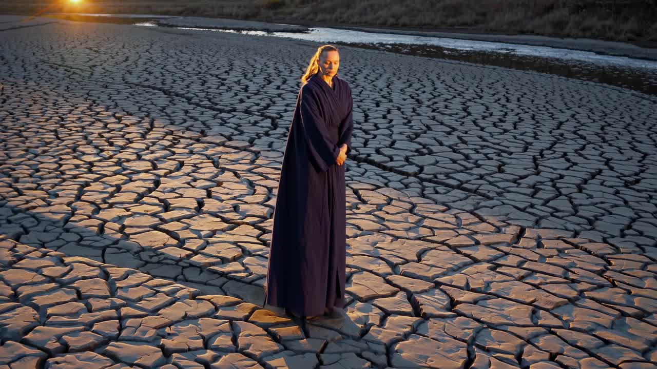 Woman in a blue kimono standing with hands clasped on cracked earth, bathed in warm sunset light near a tranquil river, embodying serenity and contemplation