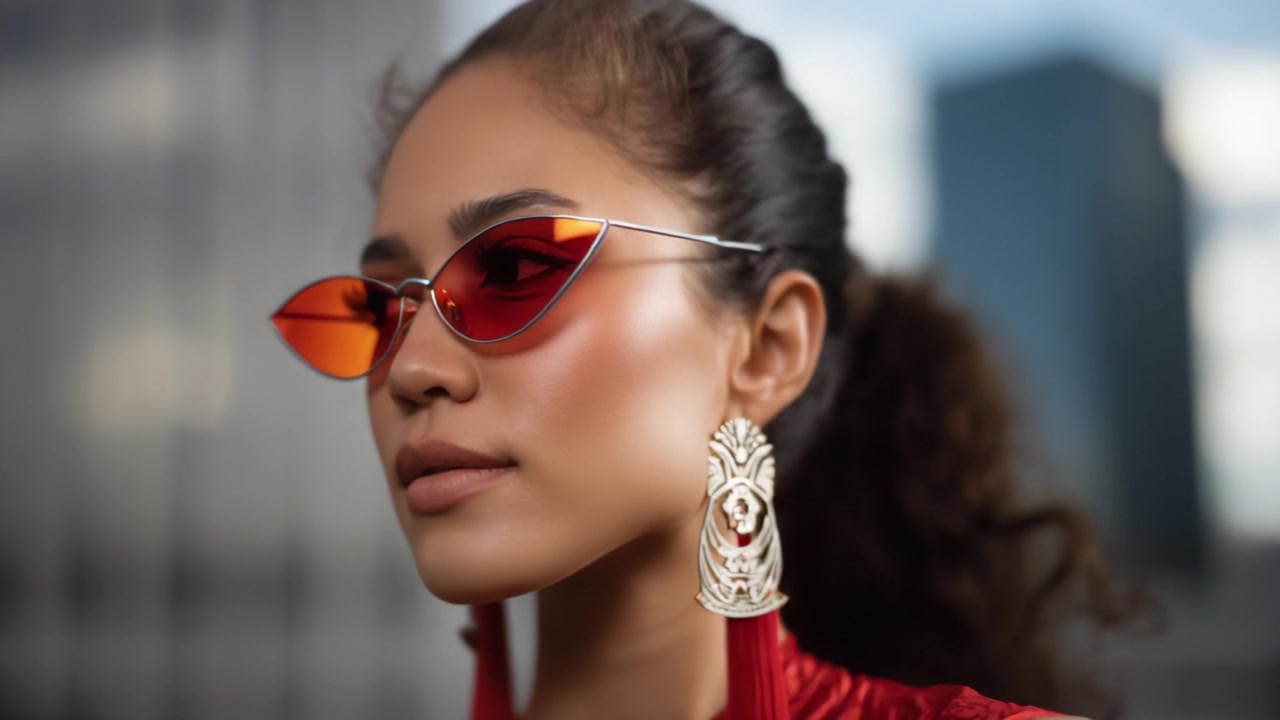Ritratto d'Impatto di una Modella Trendy che Indossa Eleganti Occhiali da Sole Cat-Eye con Lenti Rosse Audaci e Orecchini Accattivanti, Catturando un'Atmosfera Urbana alla Moda