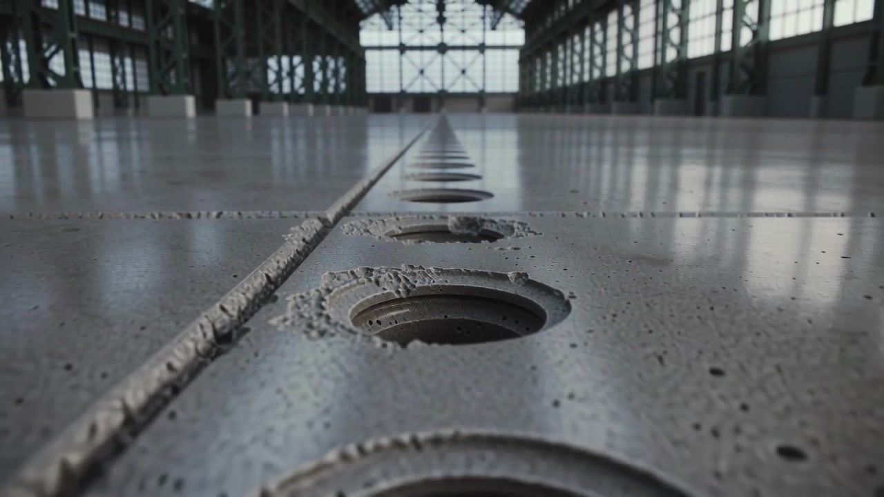 La telecamera indietreggia rivelando un lungo pannello metallico in un hangar vuoto, che conduce verso una finestra