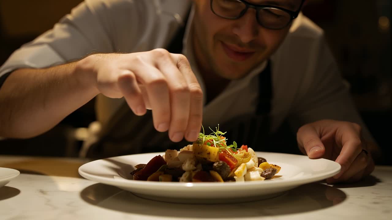 Reaching from above, chef wearing apron placing microgreens on plate for service at marble counter