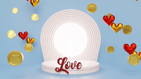 display product with heart background in gold coin and balloons and love letters for st valentine celebration romantic couple affair rendering animation e-commerce online shop in blue background