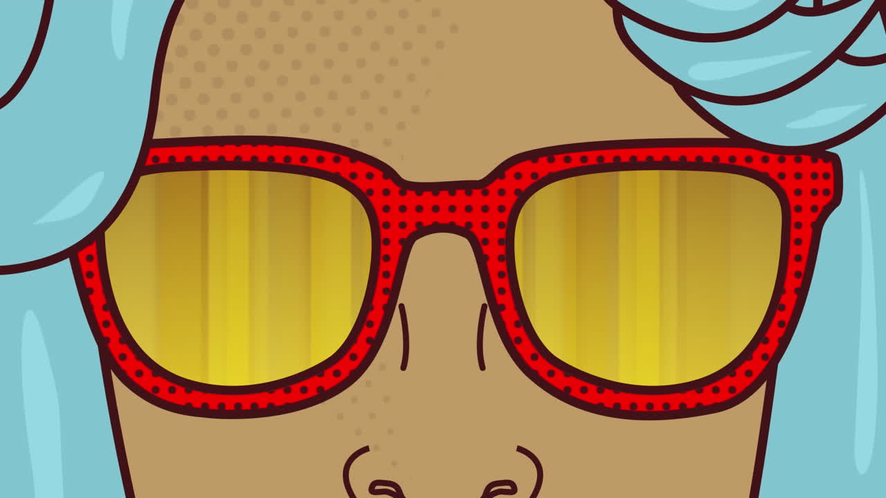 Animation of woman's face with sunglasses over retro pattern on blue background