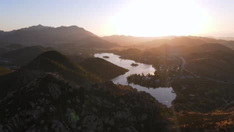 Aerial-Over-Lake-Sherwood-California-At-Sunset-In-Ventura-County