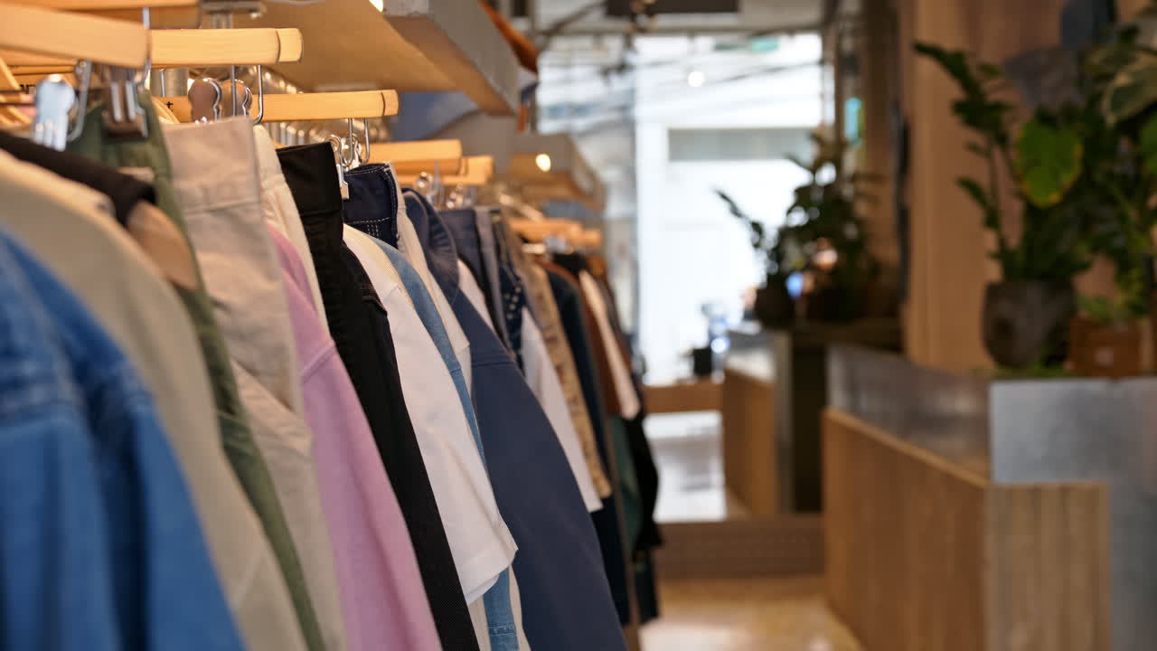 Close up of multiple clothes hanging on a rack in a hipster clothing store