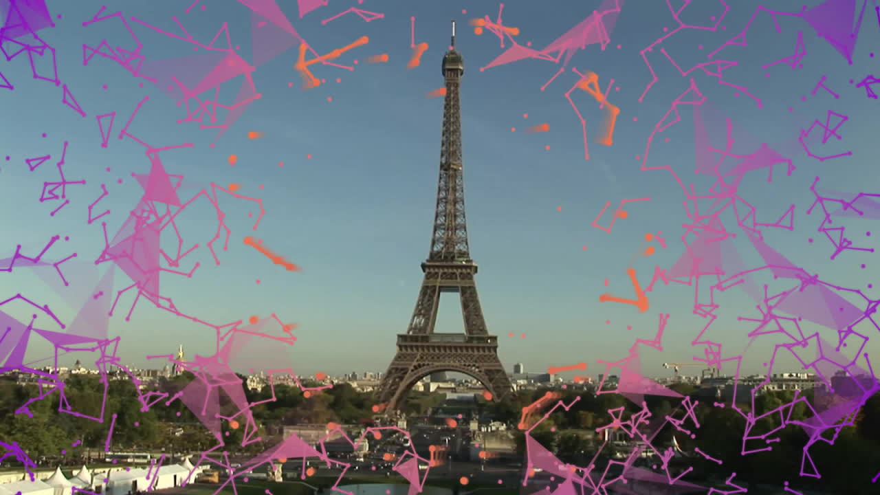 graphic designers mapping Paris skyline, highlighting technology node overlays on Eiffel Tower