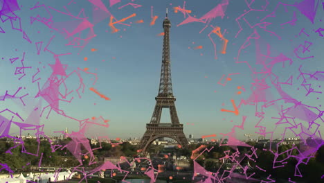 graphic designers mapping paris skyline, highlighting technology node overlays on eiffel tower
