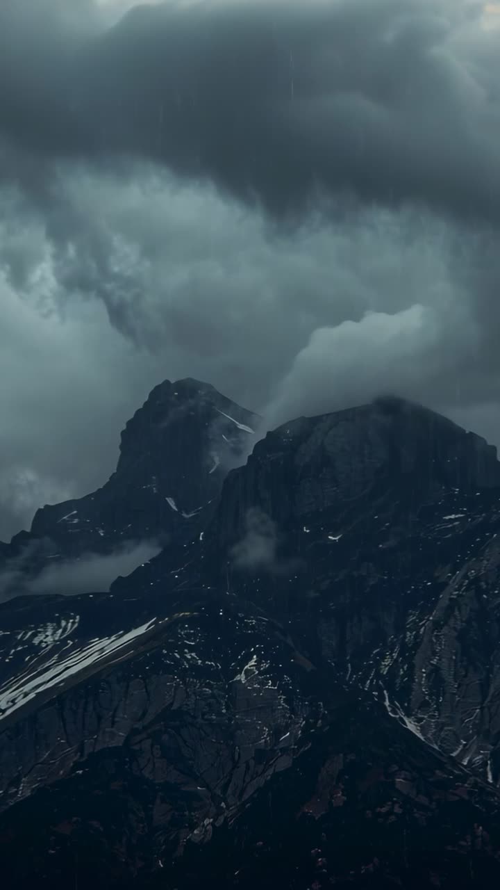 Video vertical: Nubes de tormenta avanzando, empujando la niebla por una oscura cresta alpina, revelando bandas de nieve.