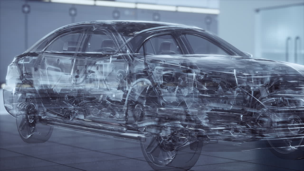 실험실에서 엔진이 있는 투명한 자동차