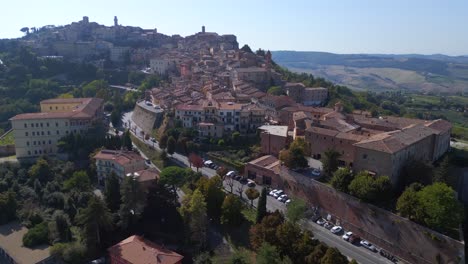 Stunning-aerial-top-view-flight-Montepulciano-Tuscany-Medieval-mountain-village