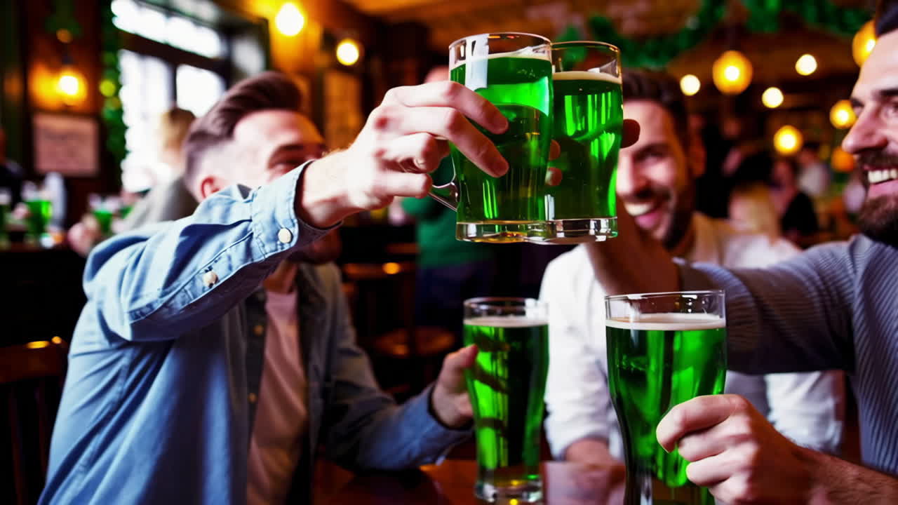 Friends celebrating St. Patrick's Day with green beer in a pub
