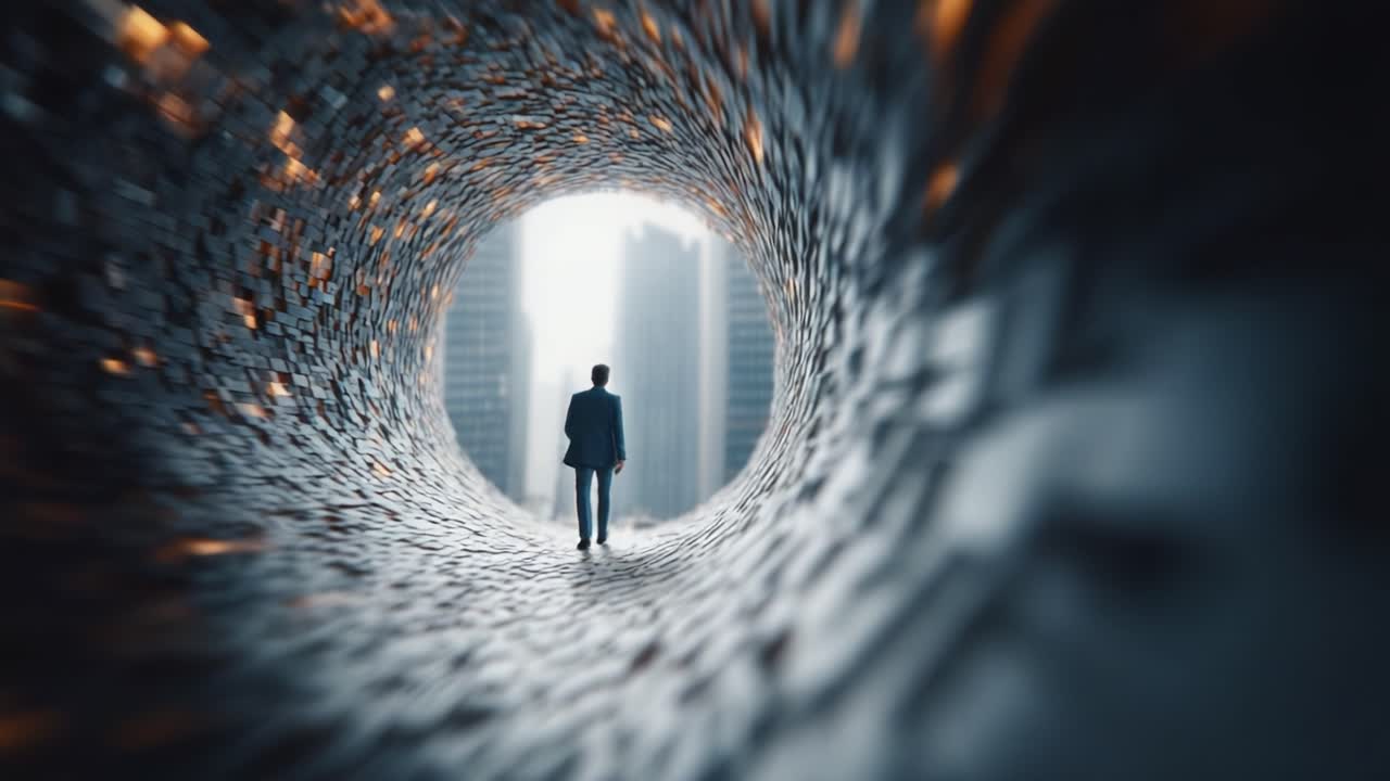 A solitary figure embarks on a journey through a mesmerizing tunnel, symbolizing exploration and transformation in an abstract urban landscape