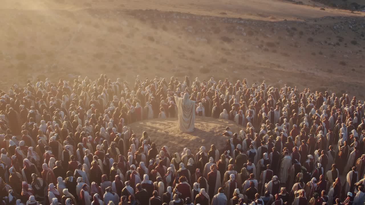 A large crowd gathers around a central figure in a robe in a desert landscape