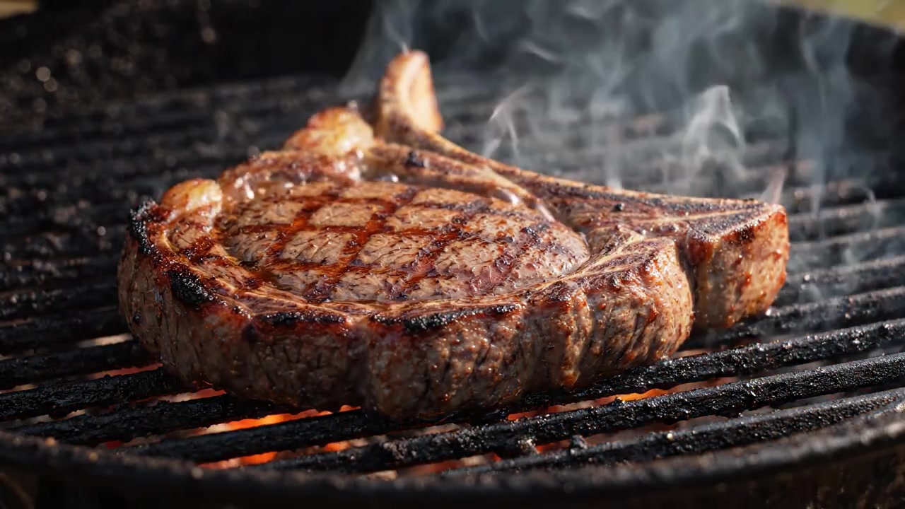 A Perfectly Grilled Tomahawk Steak: The Art of Barbecue – Juicy, Smoky, and Full of Flavor, Captured in Two Frames with Sizzling Flames Enhancing Its Appeal