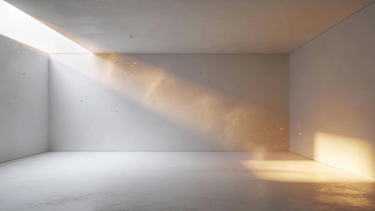 Un raggio di sole dorato che entra da un lucernario e si proietta in diagonale attraverso una stanza vuota, rivelando i granelli di polvere che fluttuano.