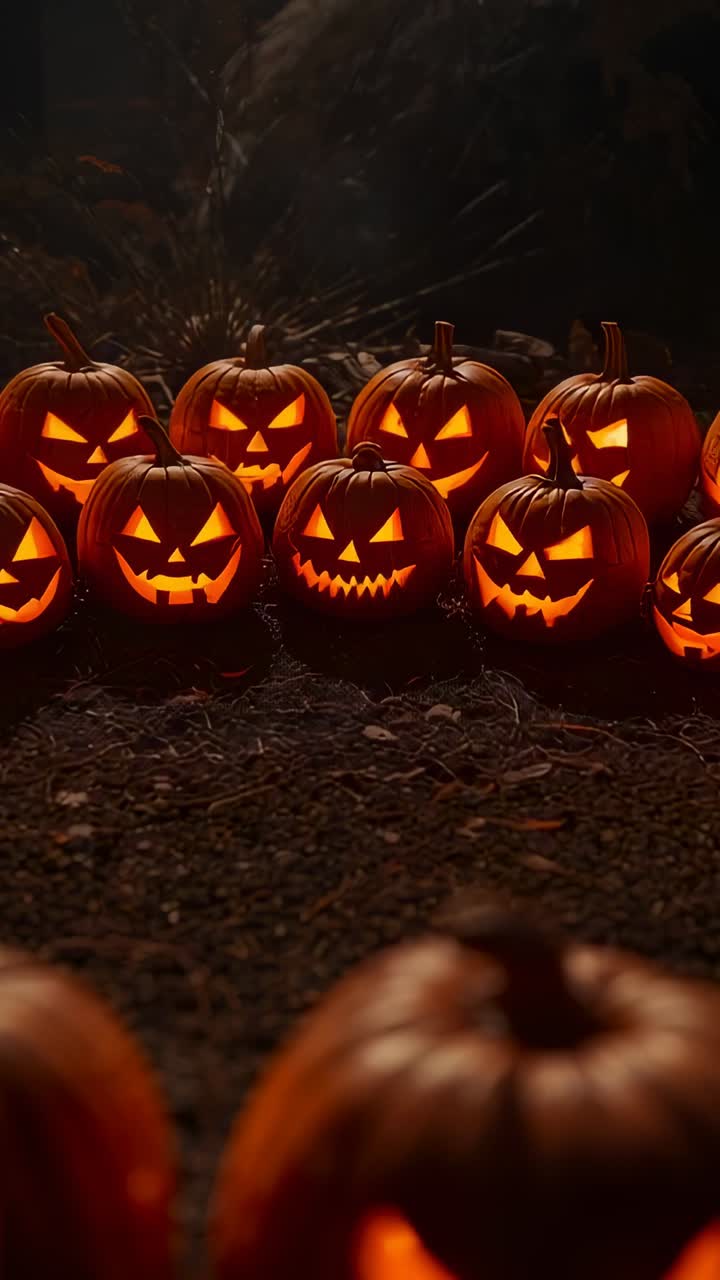 Vertical video: Shifting camera focus from blur revealing glowing jack-o'-lanterns on forest floor