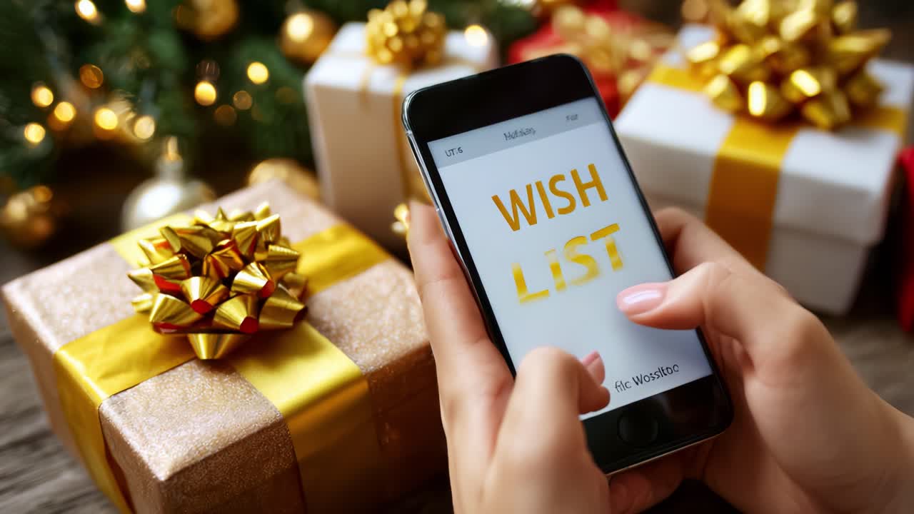 Creating a Holiday Wish List: A Cozy Scene of Gift-Wrapped Presents and a Smartphone Displaying a 'Wish List' for the Festive Season of Giving and Celebration