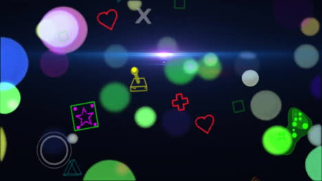 animación de iconos de videojuegos y patrón de neón en fondo negro