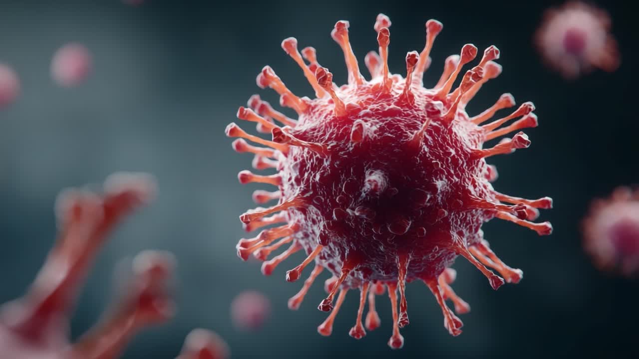 Un primo piano dettagliato di una particella virale che mostra la sua struttura unica e le caratteristiche della superficie, illustrando le complessità della vita microbica a livello microscopico.