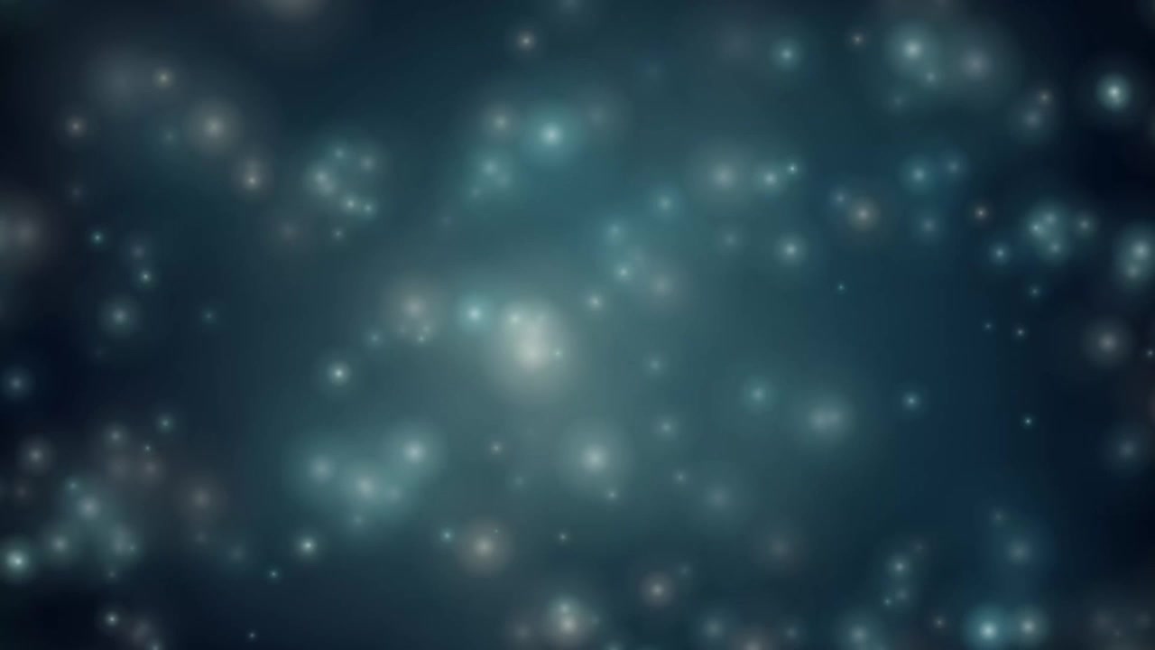 Soft blue and white glowing particles drift slowly upwards against a dark, atmospheric background.