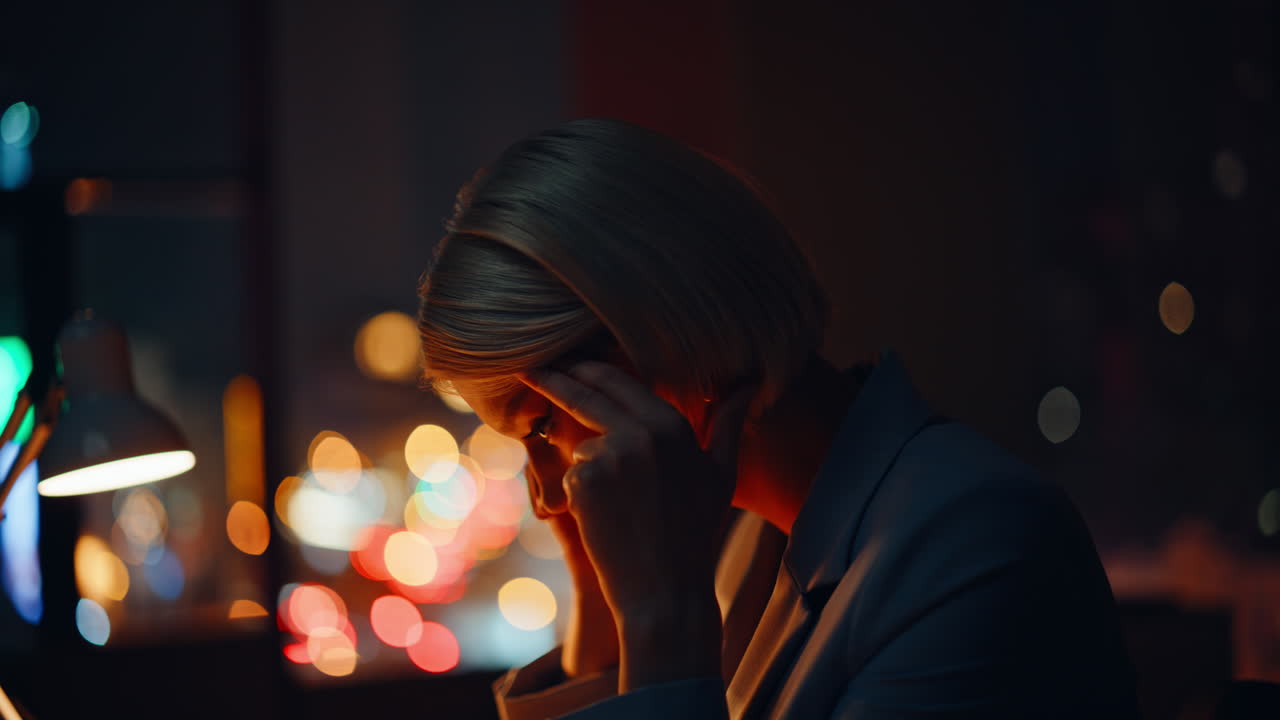 Exhausted late businesswoman burnout headache sitting in dark workspace closeup