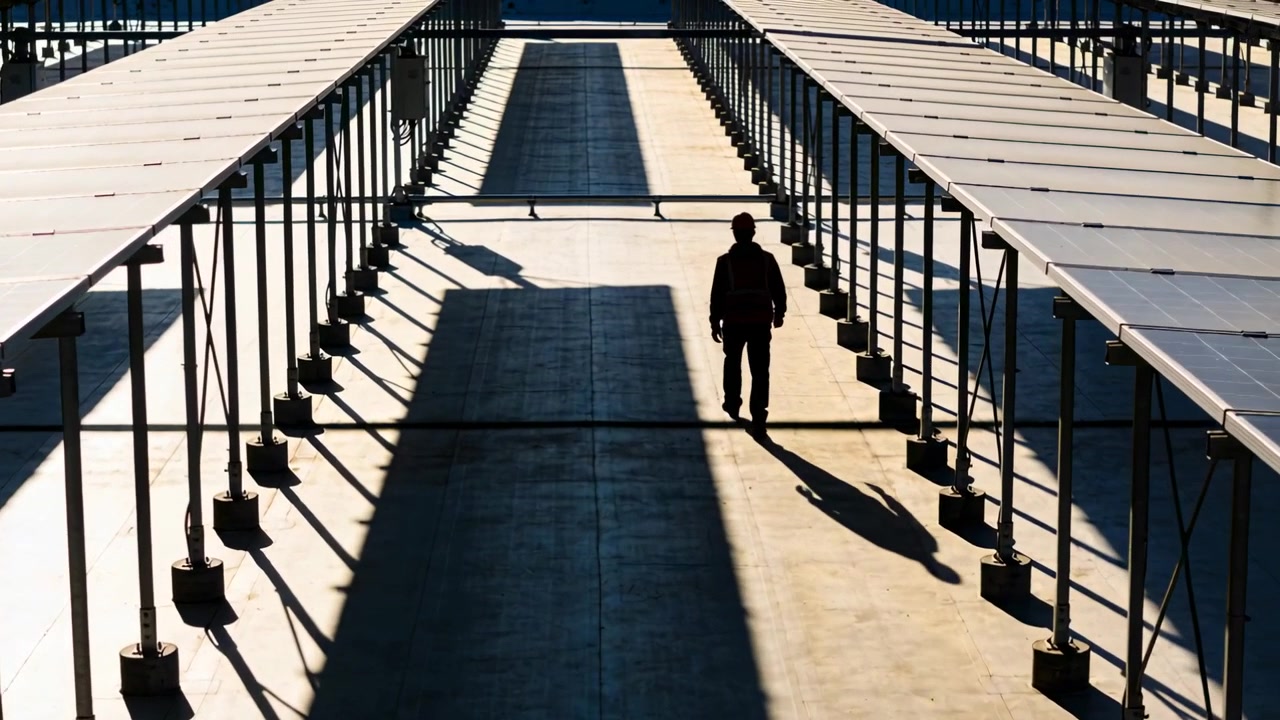Recording man in dark jacket and pants walking toward camera under solar canopies, casting shadows