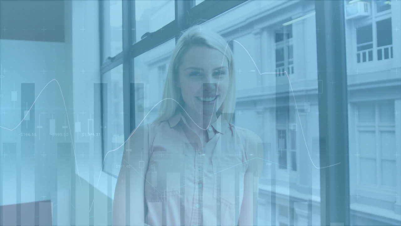 Animation of diagrams over caucasian businesswoman smiling