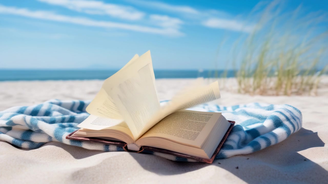 Libro aperto su una spiaggia sabbiosa con pagine che sfogliano al vento