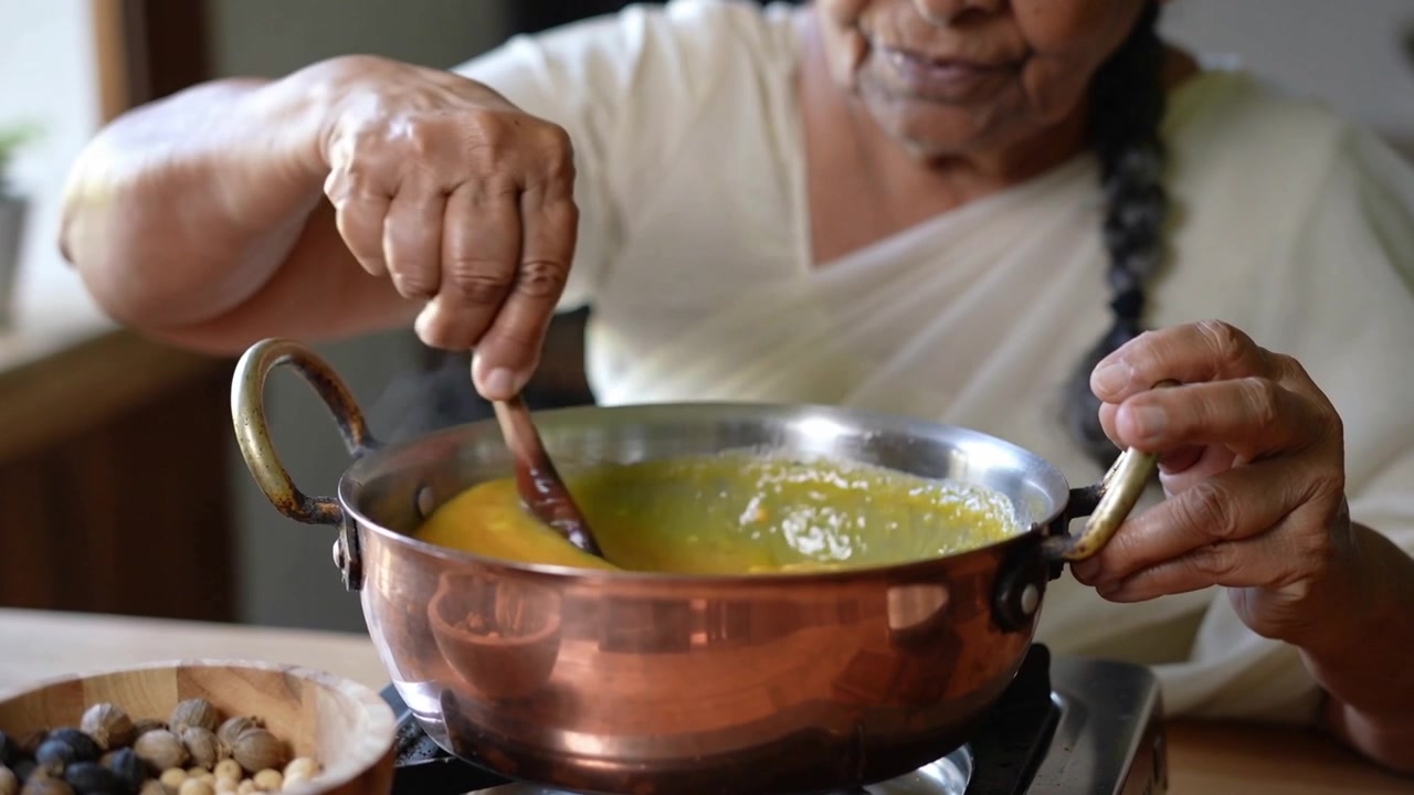 Mulher de sari mexendo em casa, vapor subindo, raspando panela de cobre com colher de pau, alisando.