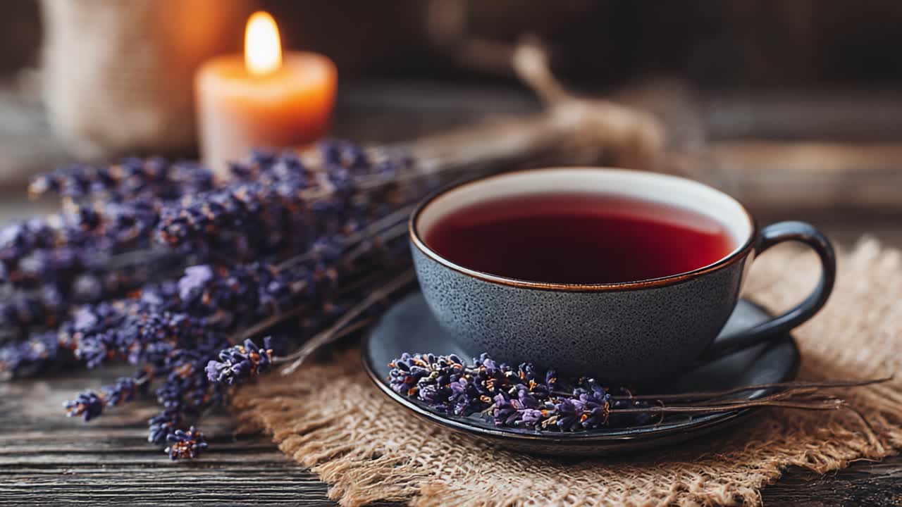 Tazza da tè serena con lavanda e lume di candela: Un'atmosfera accogliente perfetta per il relax e la consapevolezza.