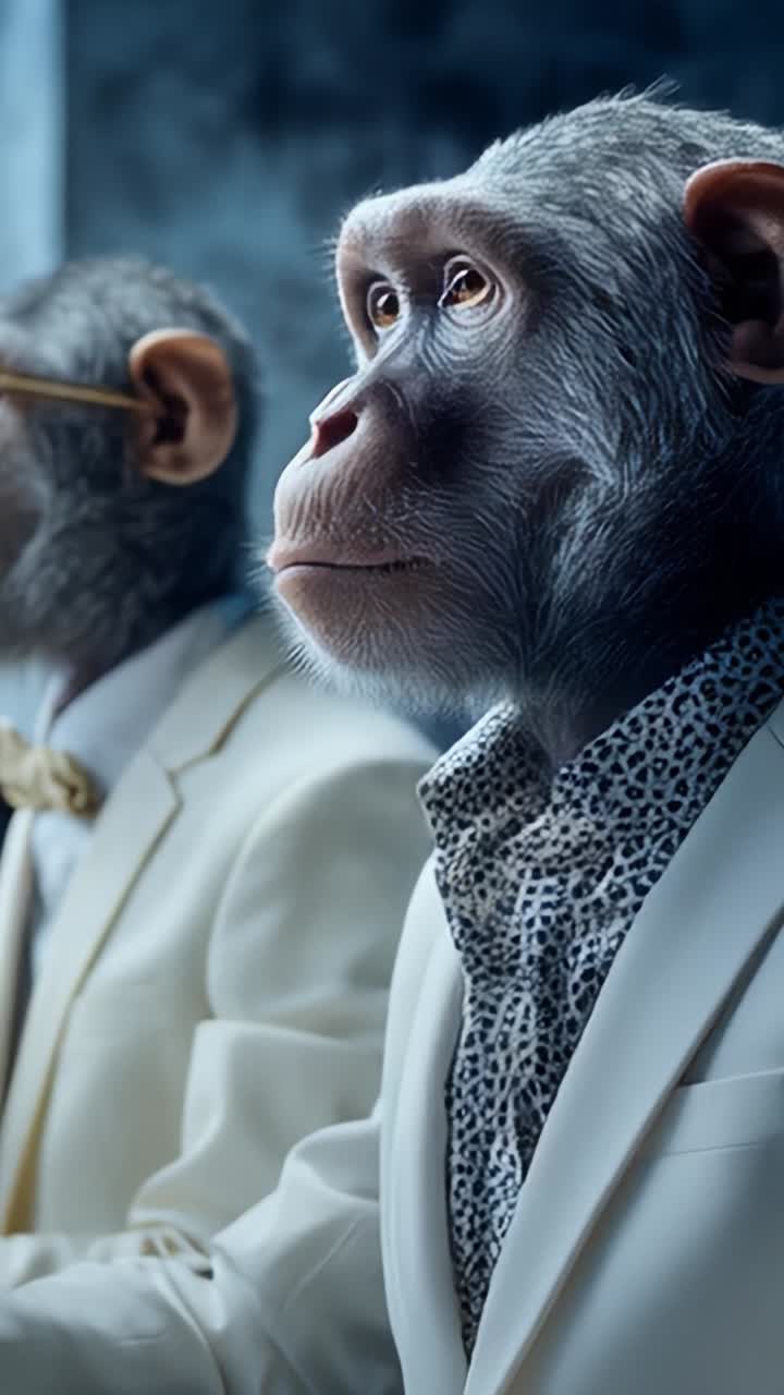 Two Sophisticated Monkeys in Elegant Suits, Displaying Unique Expressions while Engaged in a Mysterious Activity, Surrounded by Enigmatic Atmosphere