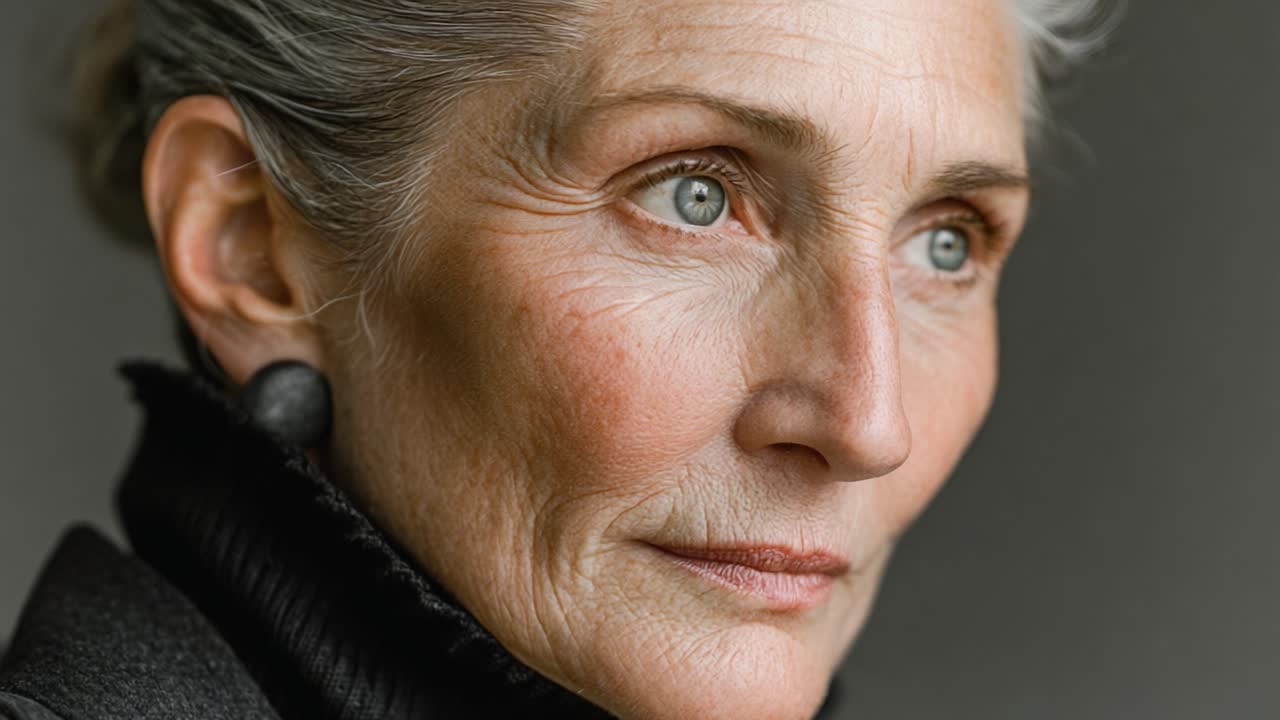 A Captivating Portrait of Graceful Aging: A Close-Up of an Elegant Woman with Silver Hair and Striking Features, Emphasizing Her Poise and Character