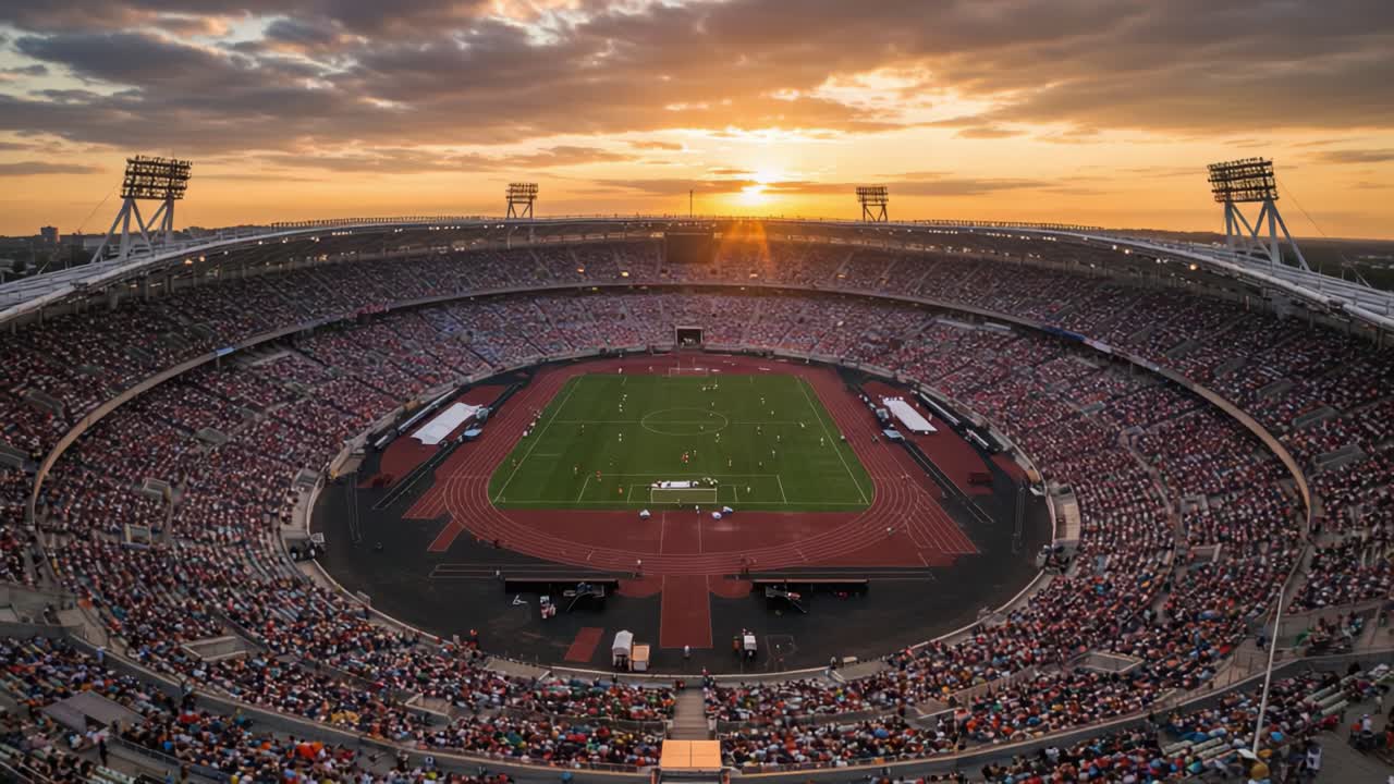 A spectacular sunset illuminates a vibrant stadium filled with energetic spectators, highlighting the electric atmosphere of a thrilling sports event capturing everyone's attention