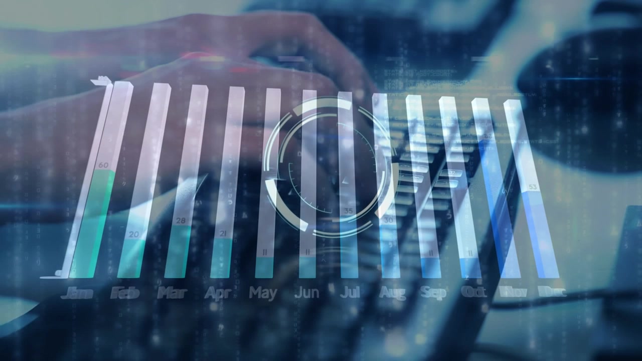 Person Typing on Keyboard with Digital Data Analytics Overlay