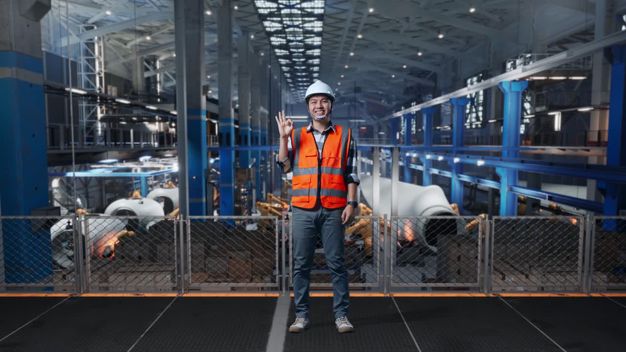Full Body Of Asian Male Engineer With Safety Helmet Standing In Factory Manufacture of Wind Turbines. Smiling To Camera And Showing Okay Gesture To The Camera While Robotic Arm Working