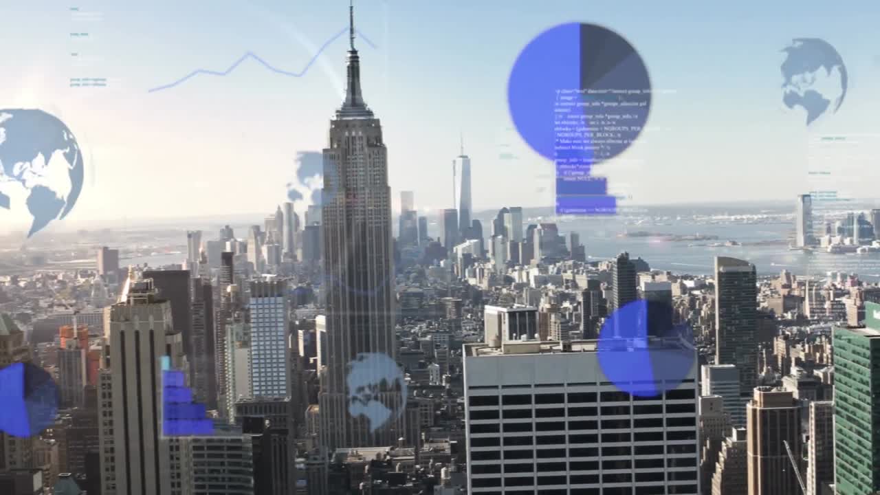 도시 풍경 위의 데이터 처리 애니메이션