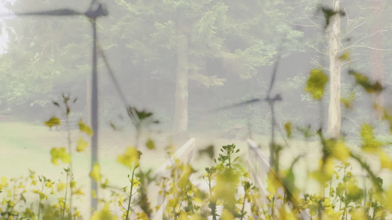 Yellow flowers with animation of blurred trees creating serene natural landscape