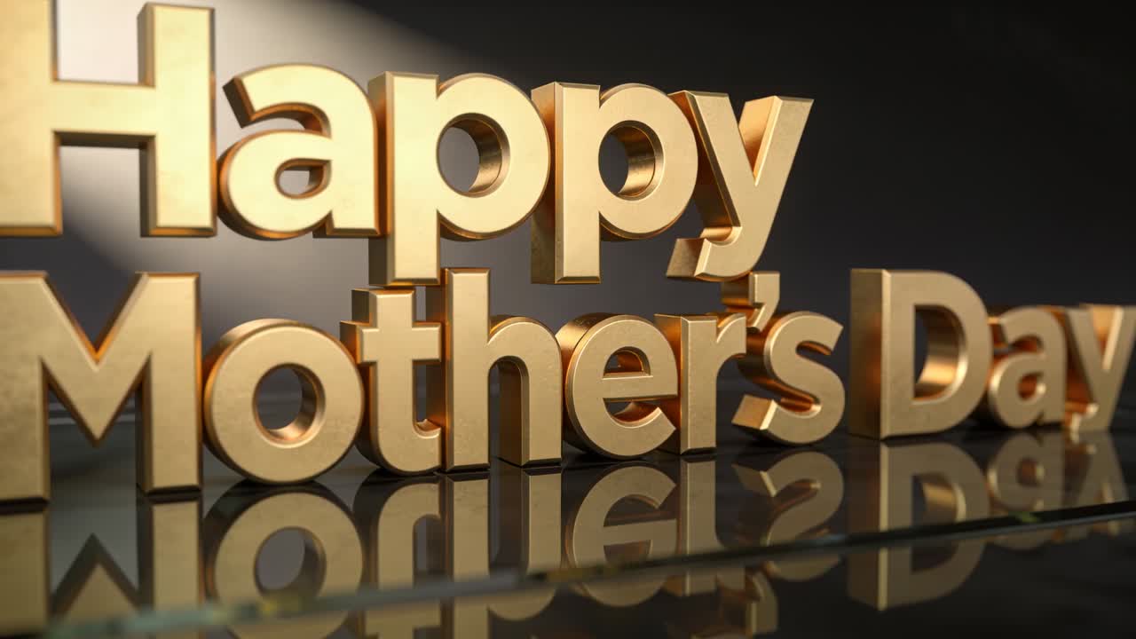 Moving camera push-in and right pan, showing golden Happy Mother's Day text on studio mirror floor