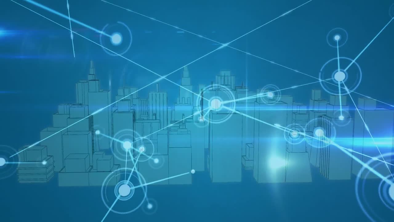 Animation of network of connections with spots over 3d cityscape on blue background