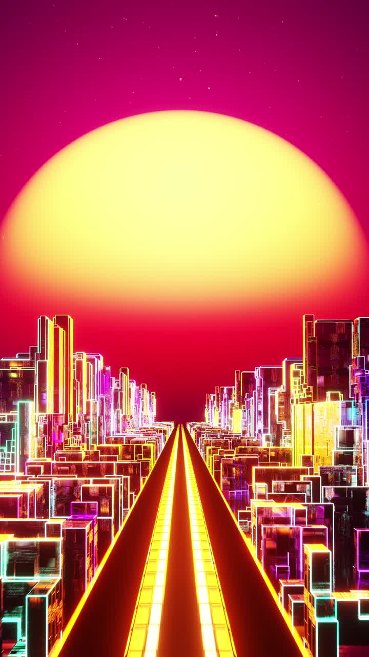 해가 지면 네온 도시 위를 날아다니는 수직 루프 비디오