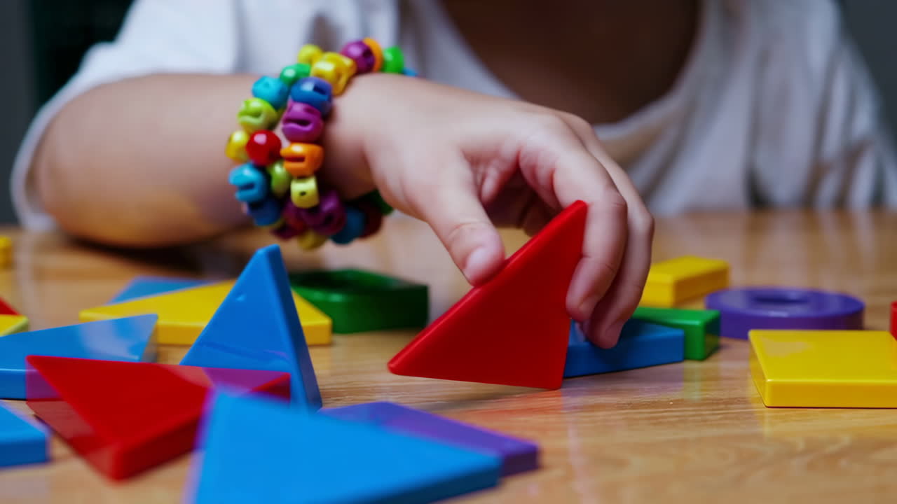 Child playing with colorful geometric learning toys