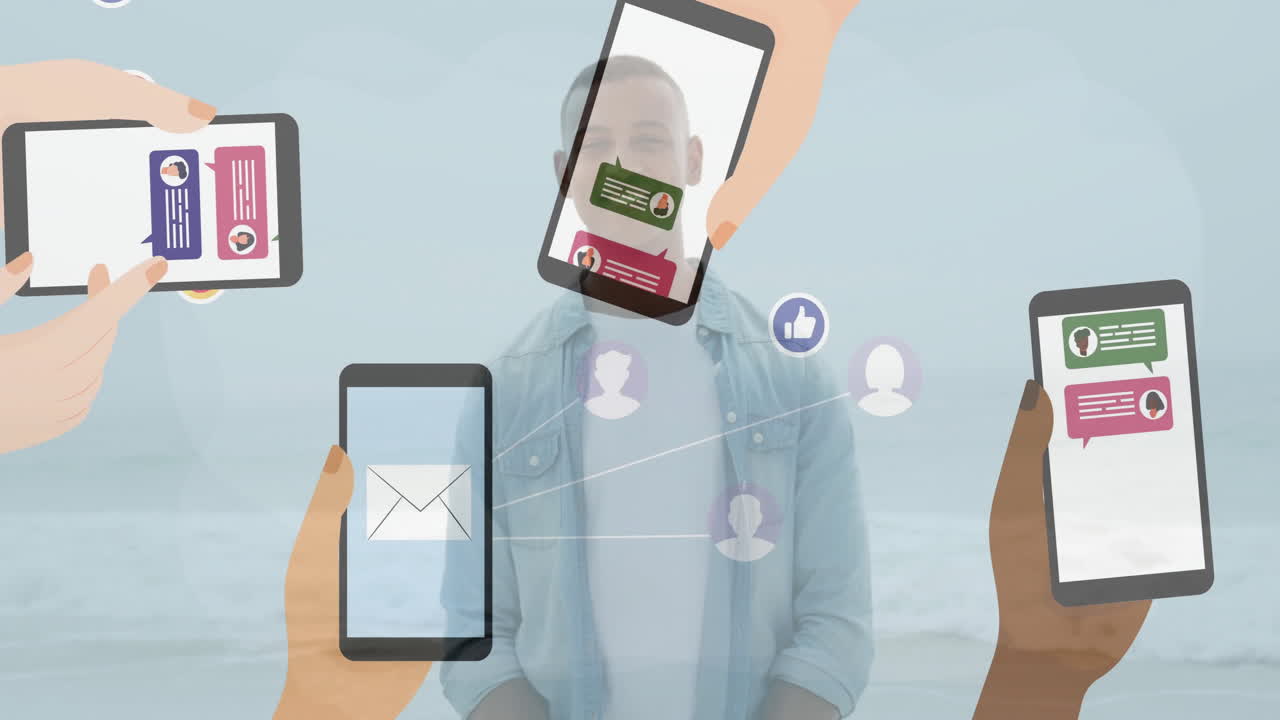 Using smartphone, person with animation of digital communication icons and messages