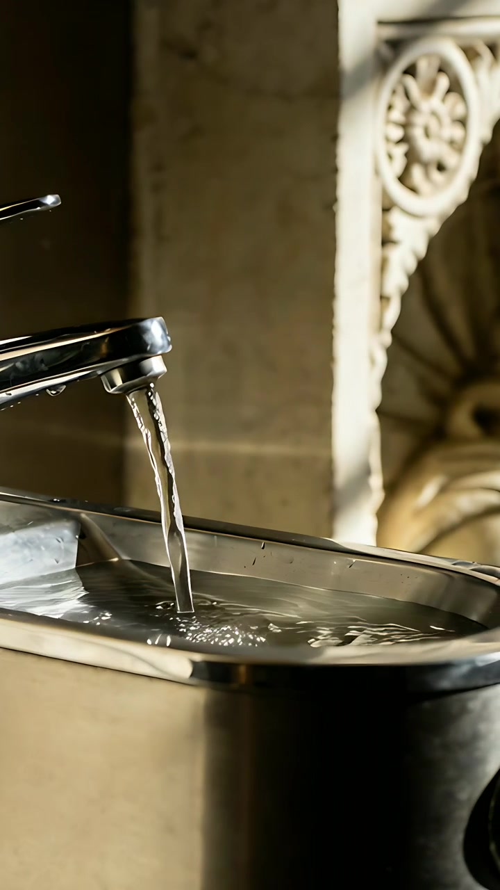 Video verticale: Manopola che gira, rubinetto che versa acqua in un lavabo vicino a un bassorilievo in pietra per riempirlo, con spazio per il testo.